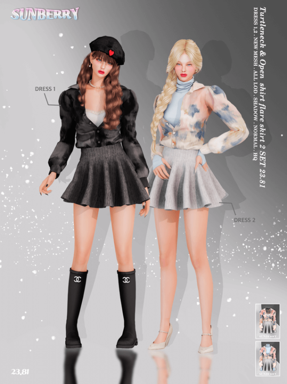 Turtleneck & Open shirt flare skirt 2SET